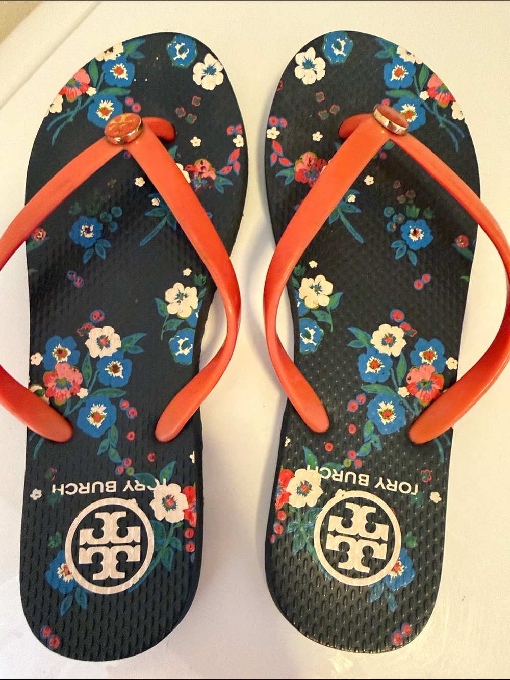 Tory Burch Floral Flip Flop Sandals with Coral Straps